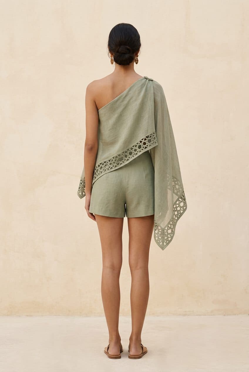 Asymmetric Capelet Playsuit in Desert Sage