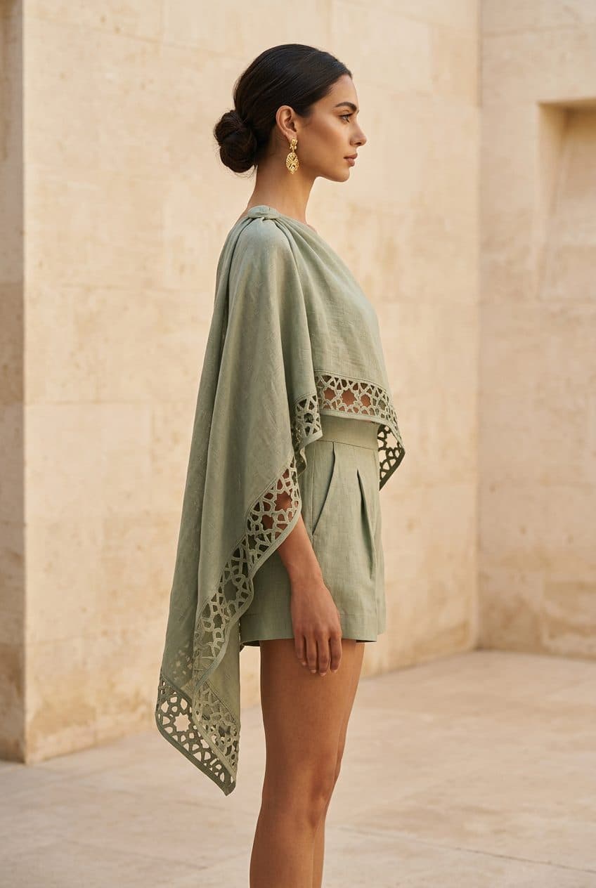 Asymmetric Capelet Playsuit in Desert Sage
