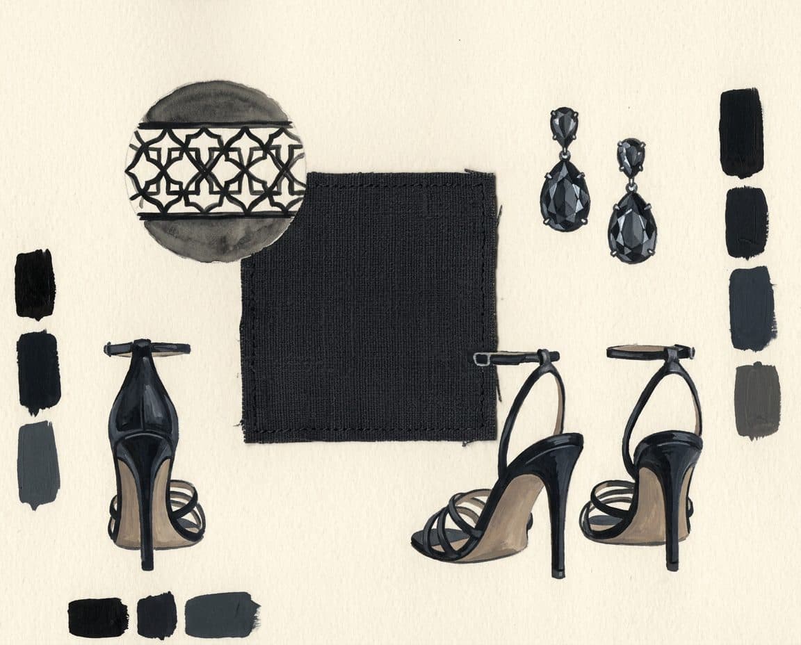 Fabric, colour and trim palette for Obsidian Silk Co-ord Set