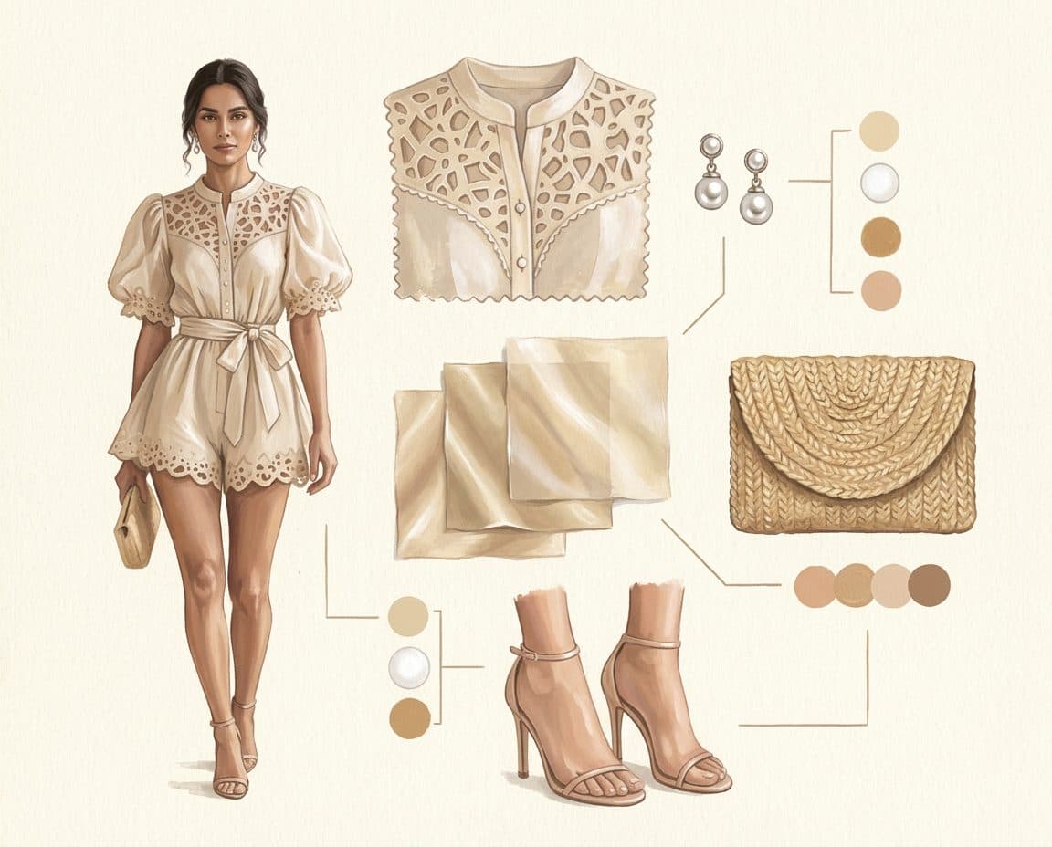 Fabric, colour and trim palette for Champagne Organza Romper