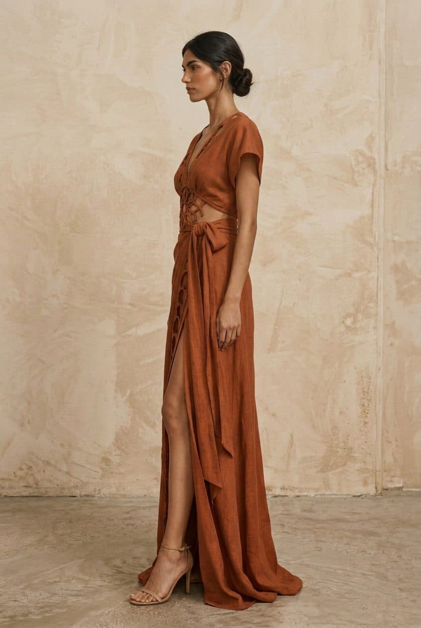Deep-V Keyhole Girih Wrap Gown in Terracotta Rust