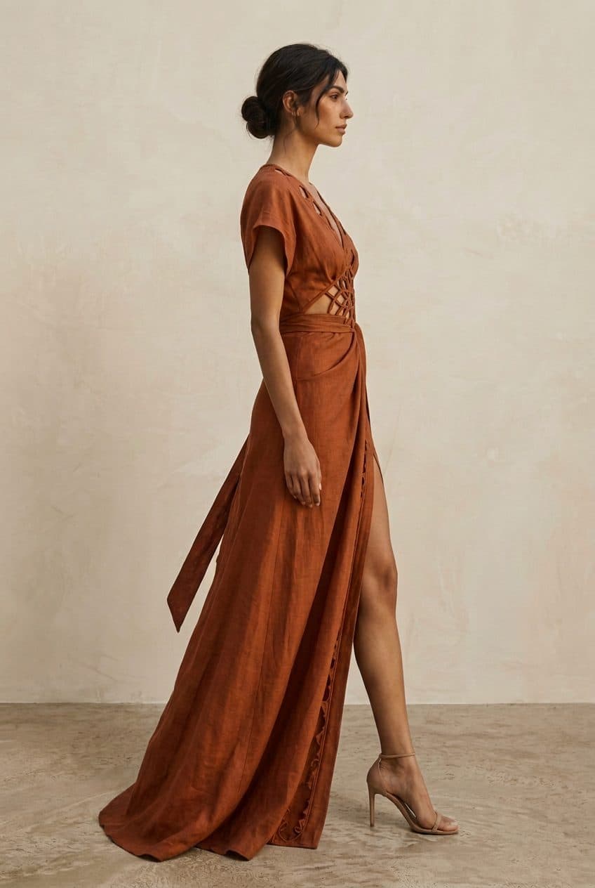 Deep-V Keyhole Girih Wrap Gown in Terracotta Rust