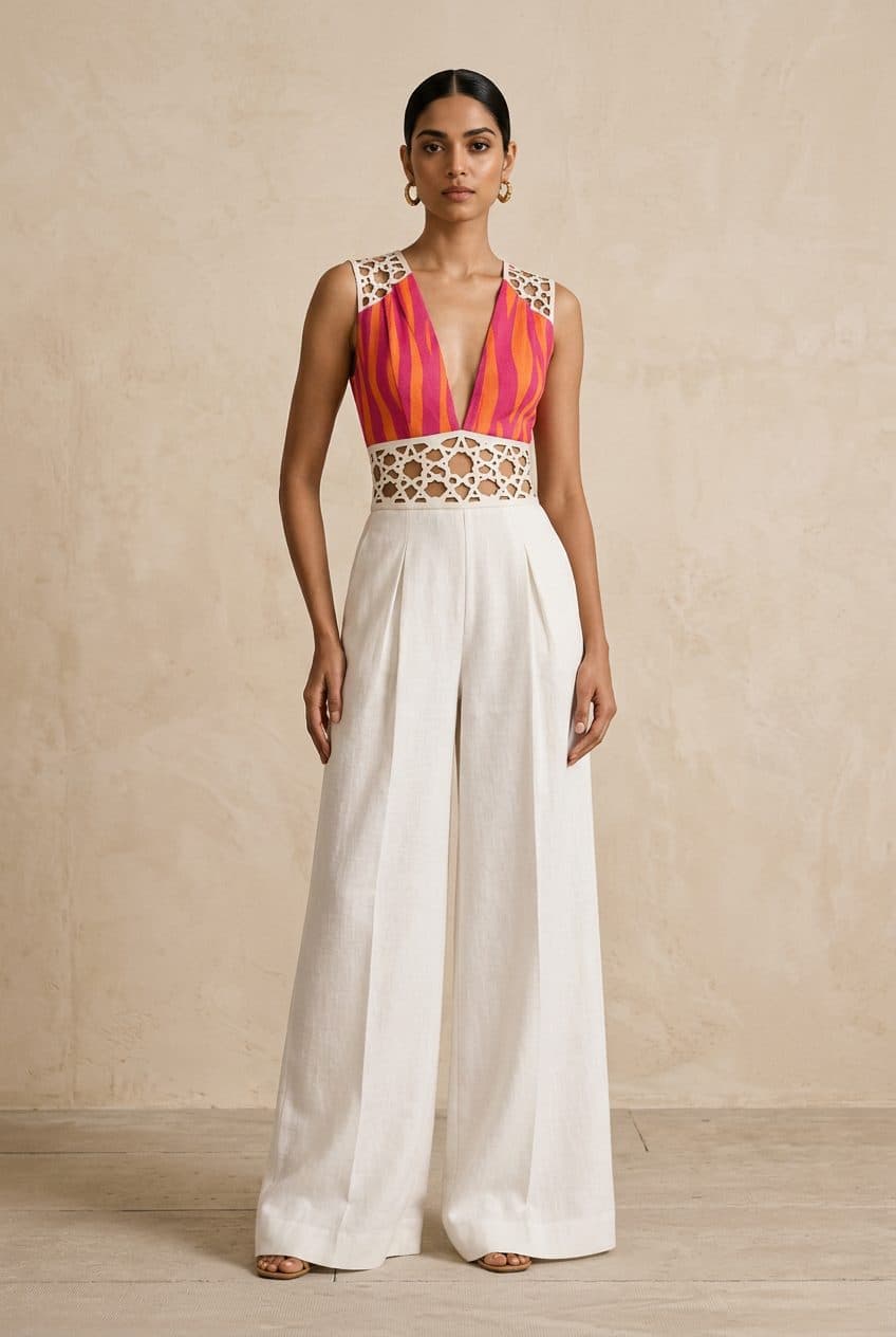 Striped Panel Lasercut Jumpsuit in Fuchsia & Orange Stripe