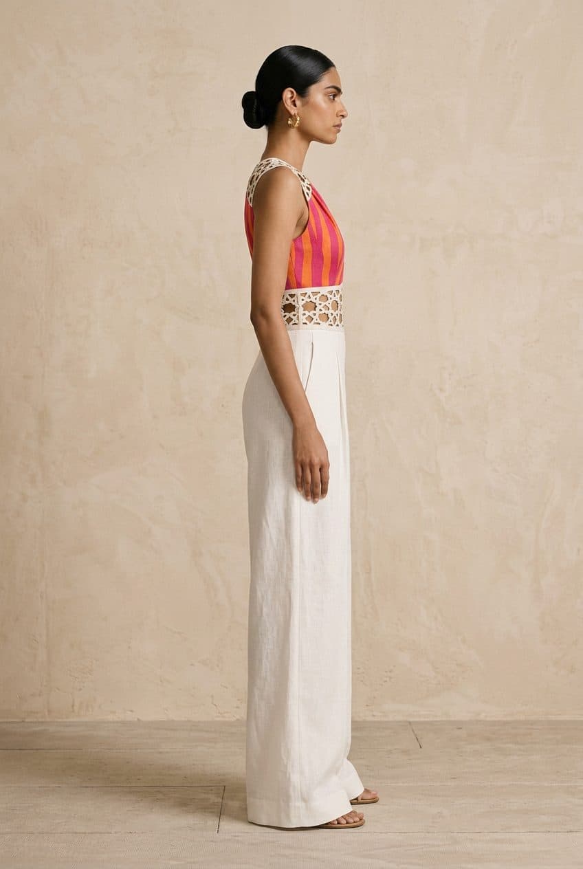 Striped Panel Lasercut Jumpsuit in Fuchsia & Orange Stripe