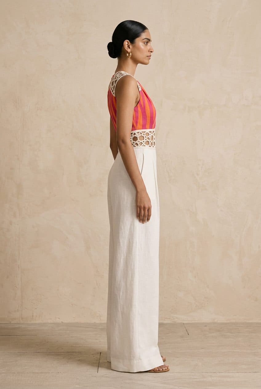 Striped Panel Lasercut Jumpsuit in Fuchsia & Orange Stripe