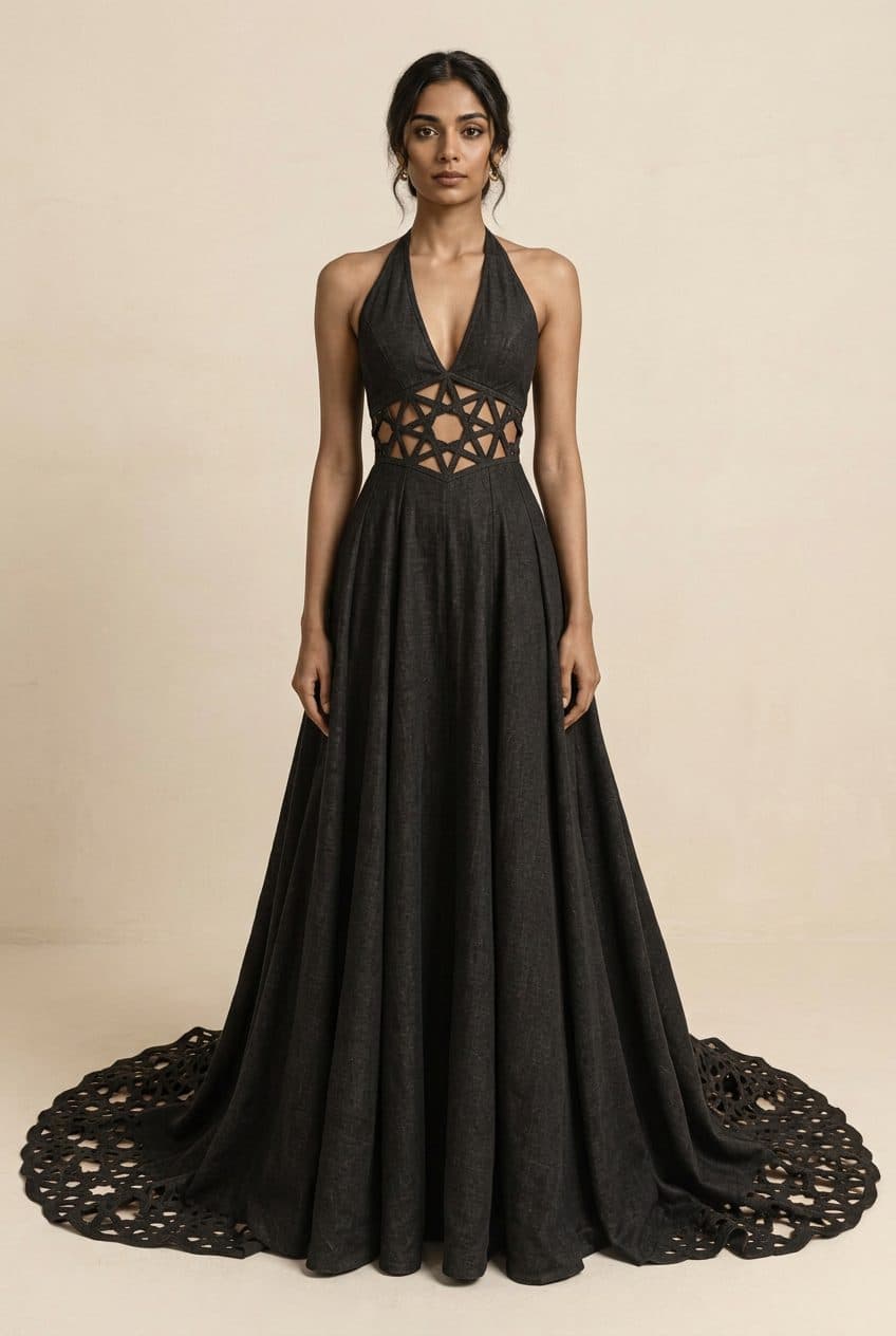 Halter Girih Gown with Train in Washed Onyx Black