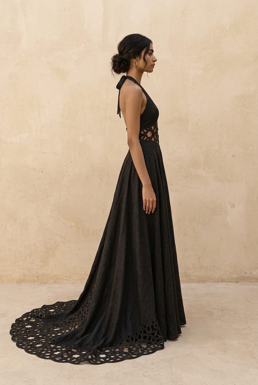 Halter Girih Gown with Train in Washed Onyx Black