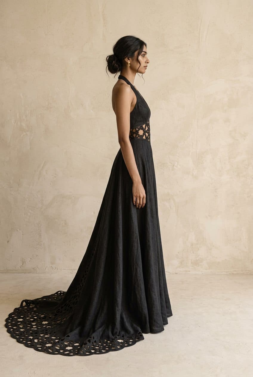 Halter Girih Gown with Train in Washed Onyx Black