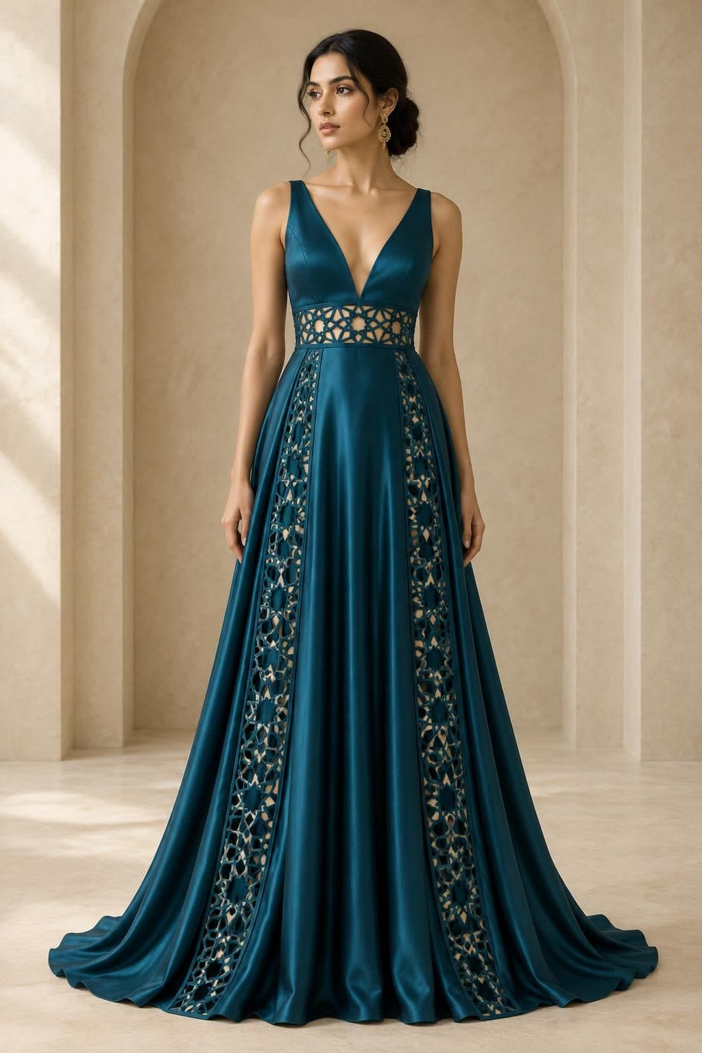 Girih Cutwork Evening Gown in Petroleum Teal