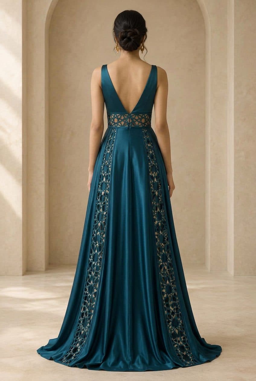 Girih Cutwork Evening Gown in Petroleum Teal