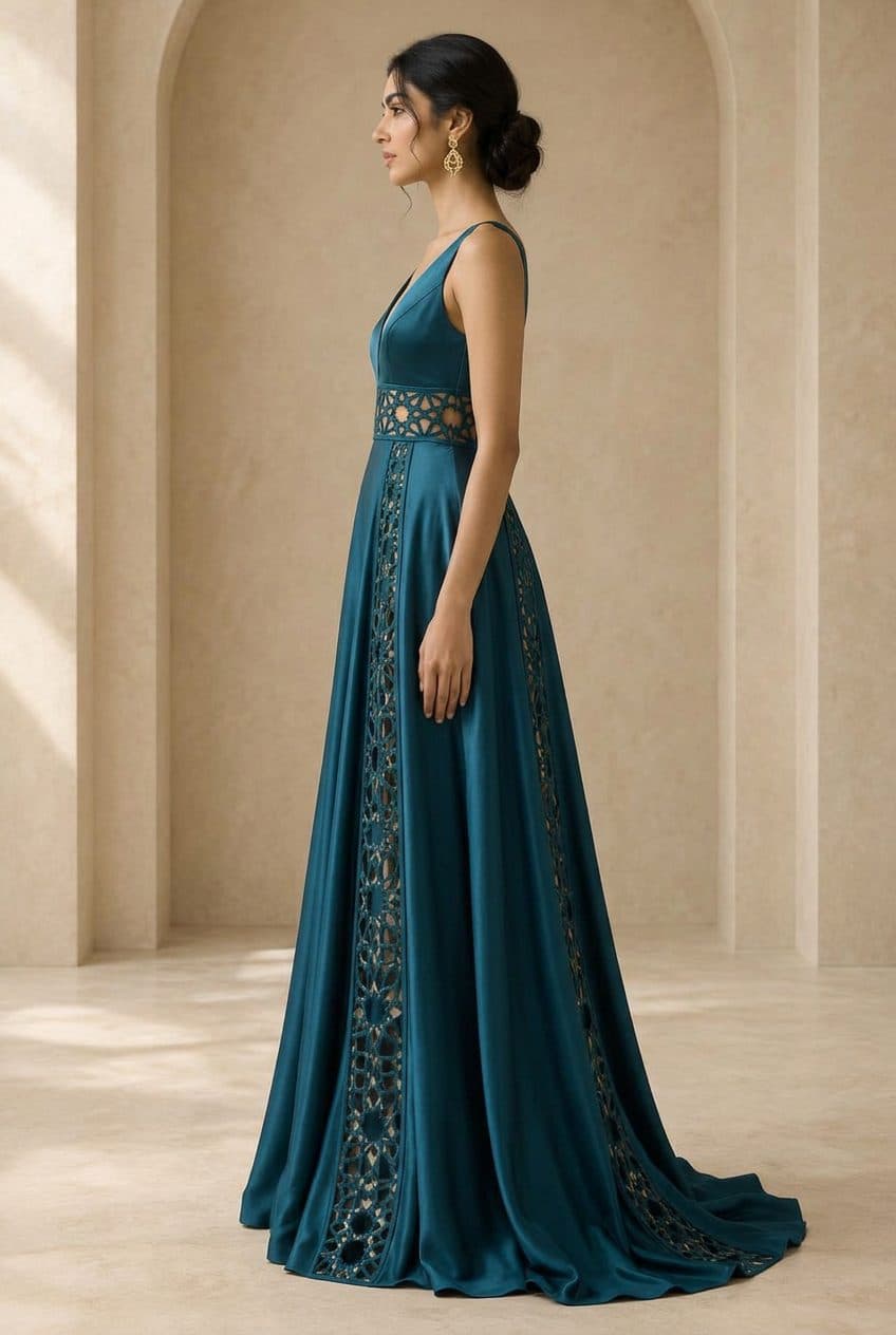 Girih Cutwork Evening Gown in Petroleum Teal