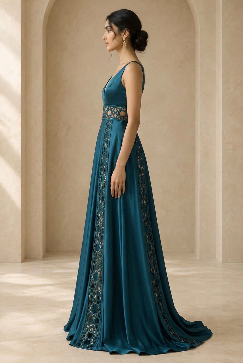 Girih Cutwork Evening Gown in Petroleum Teal