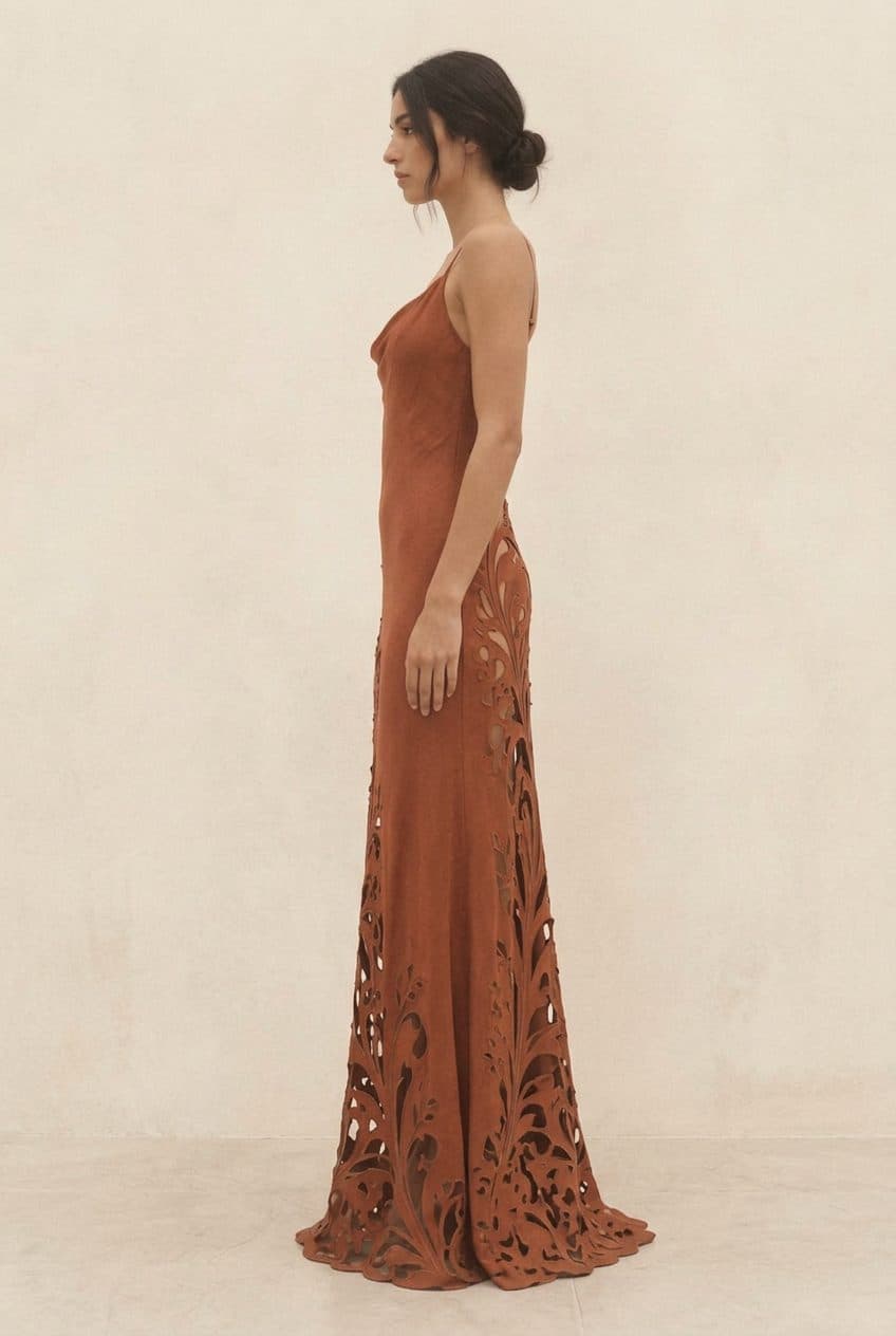 Nouveau Vine Cutwork Gown in Terracotta Rust
