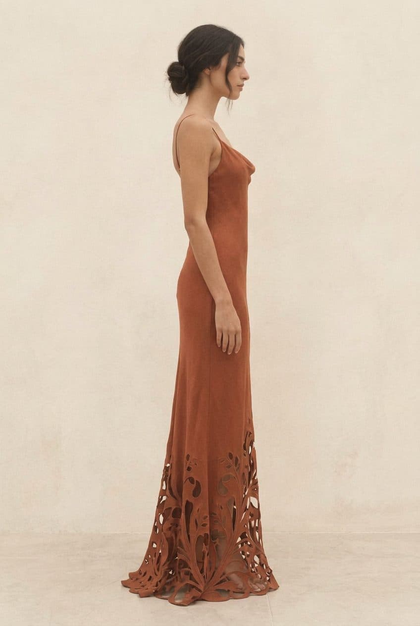 Nouveau Vine Cutwork Gown in Terracotta Rust