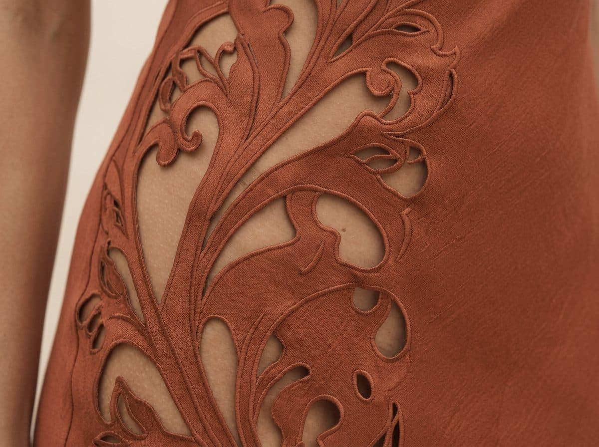 Detail of the cloth and cutwork used for Nouveau Vine Cutwork Gown