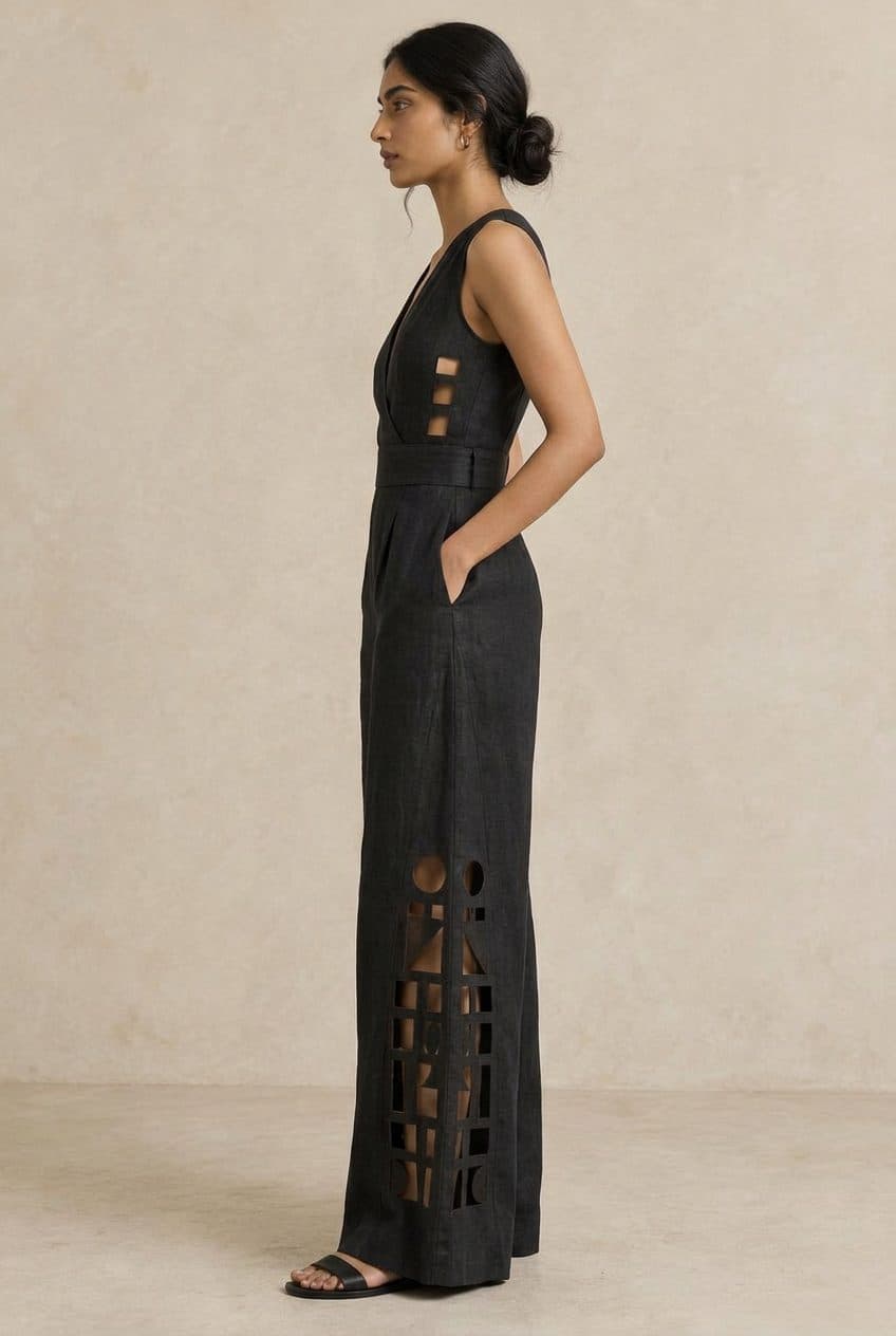 Bauhaus Grid Cutwork Jumpsuit in Washed Onyx Black & Sand Beige
