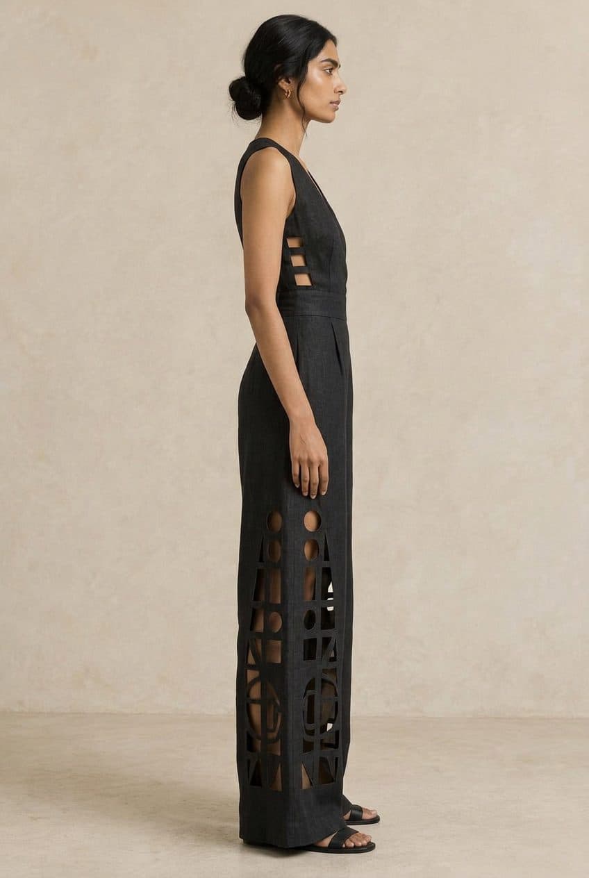 Bauhaus Grid Cutwork Jumpsuit in Washed Onyx Black & Sand Beige