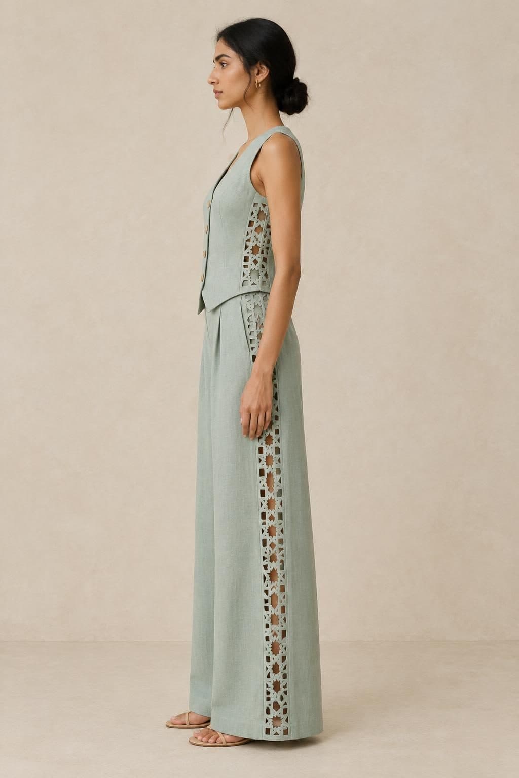 Linen Waistcoat & Palazzo Set in Seafoam Green