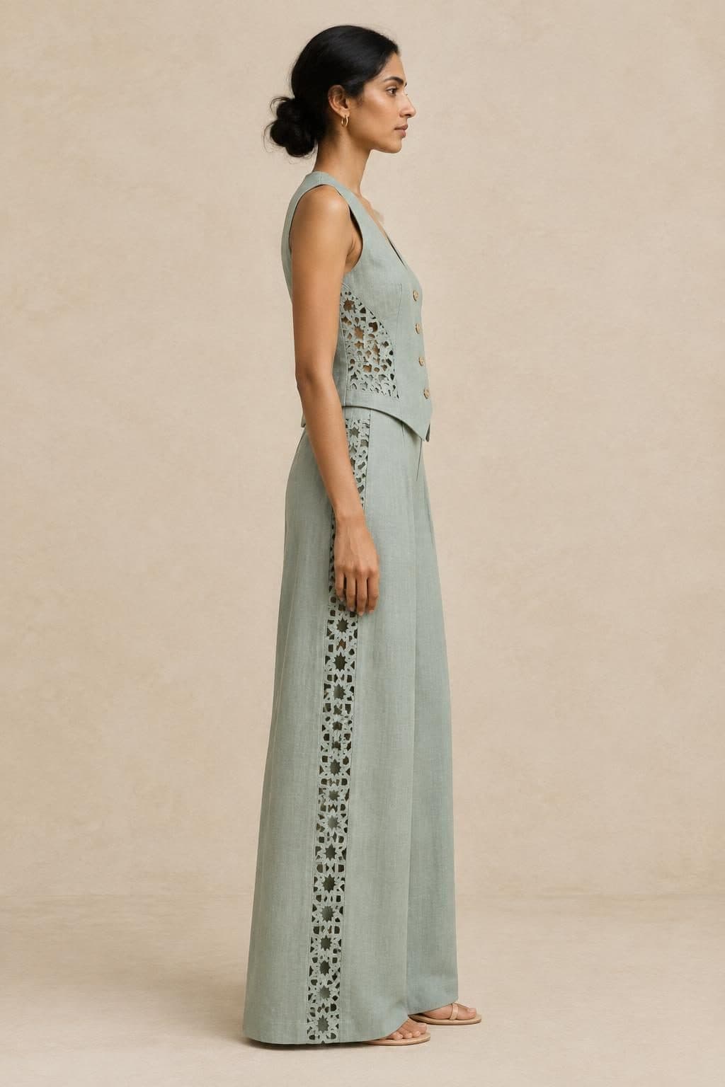 Linen Waistcoat & Palazzo Set in Seafoam Green