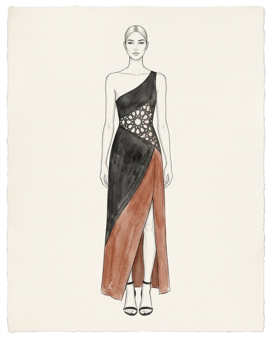 Asymmetric One-Shoulder Girih Cutwork Gown — original design sketch