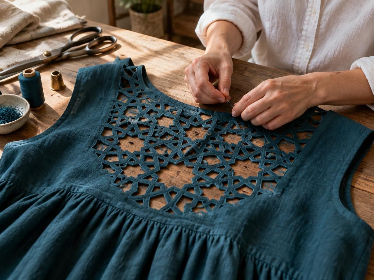 Sculptural Halterneck Girih Backless Midi Dress — in the making, construction and finishing