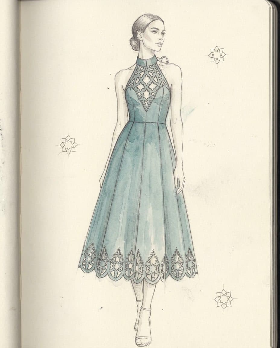 Sculptural Halterneck Girih Backless Midi Dress — original design sketch