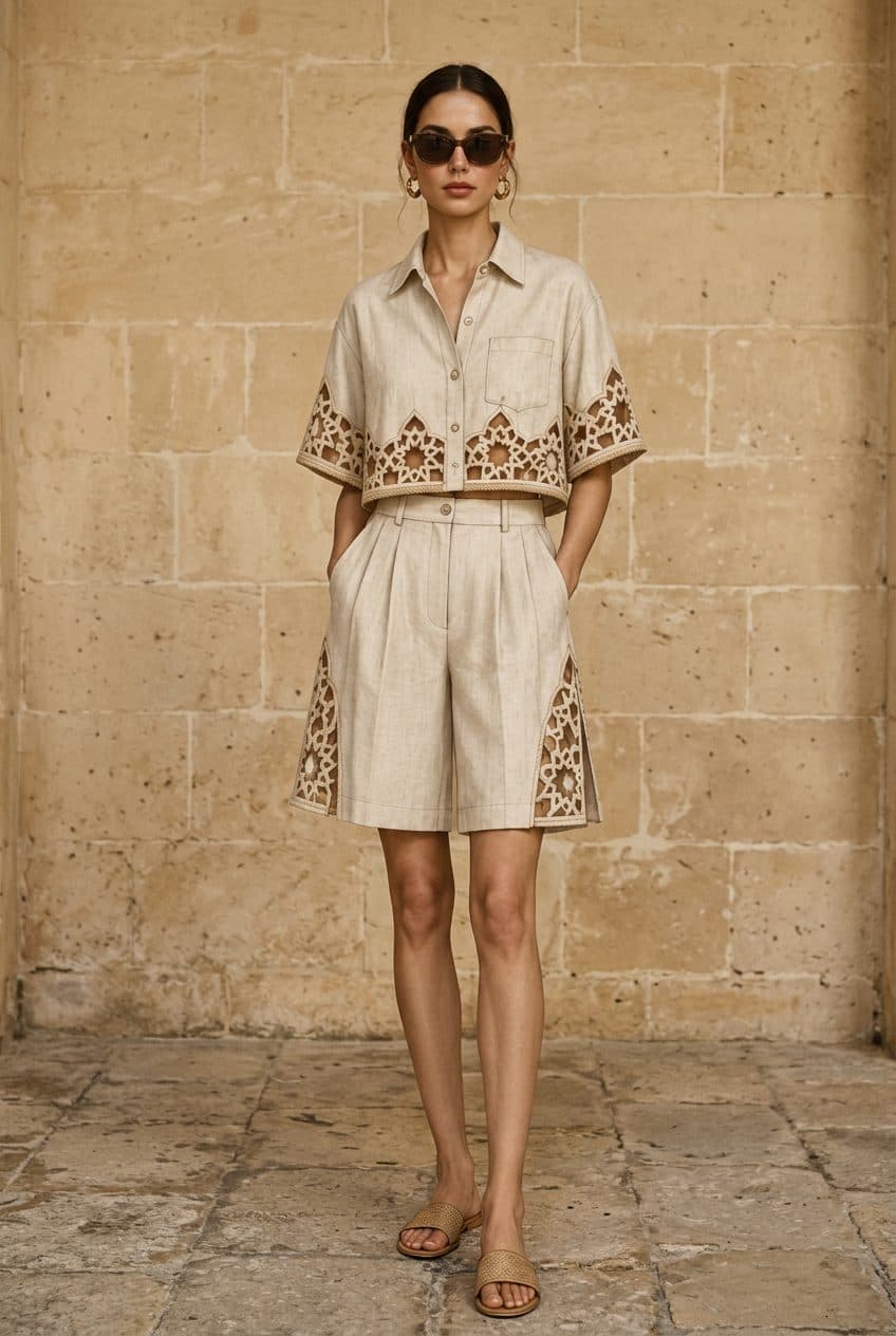 Boxy Cropped Girih Shirt & High-Waisted Shorts Co-ord in Raw Flax & Warm Sand, finished garment