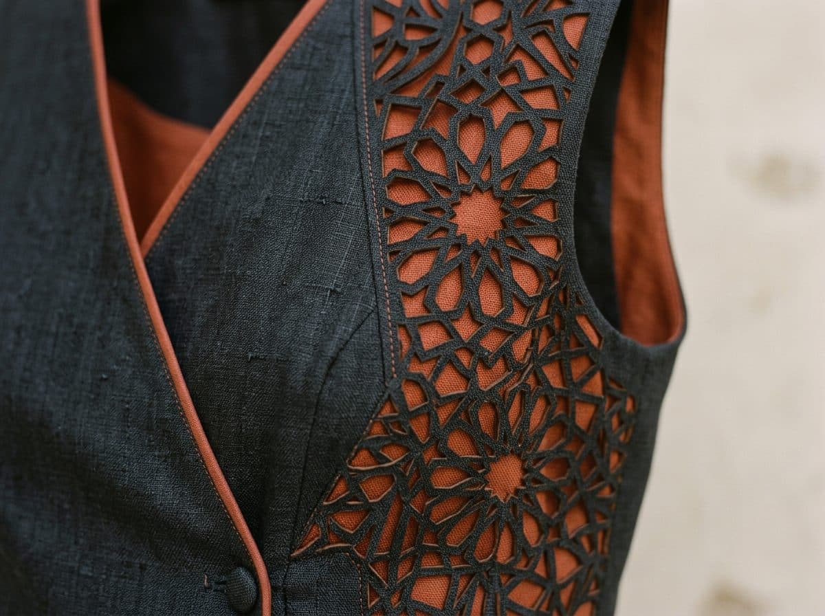 Detail of the cloth and cutwork used for Asymmetric Wrap Vest and Sculpted Short Set