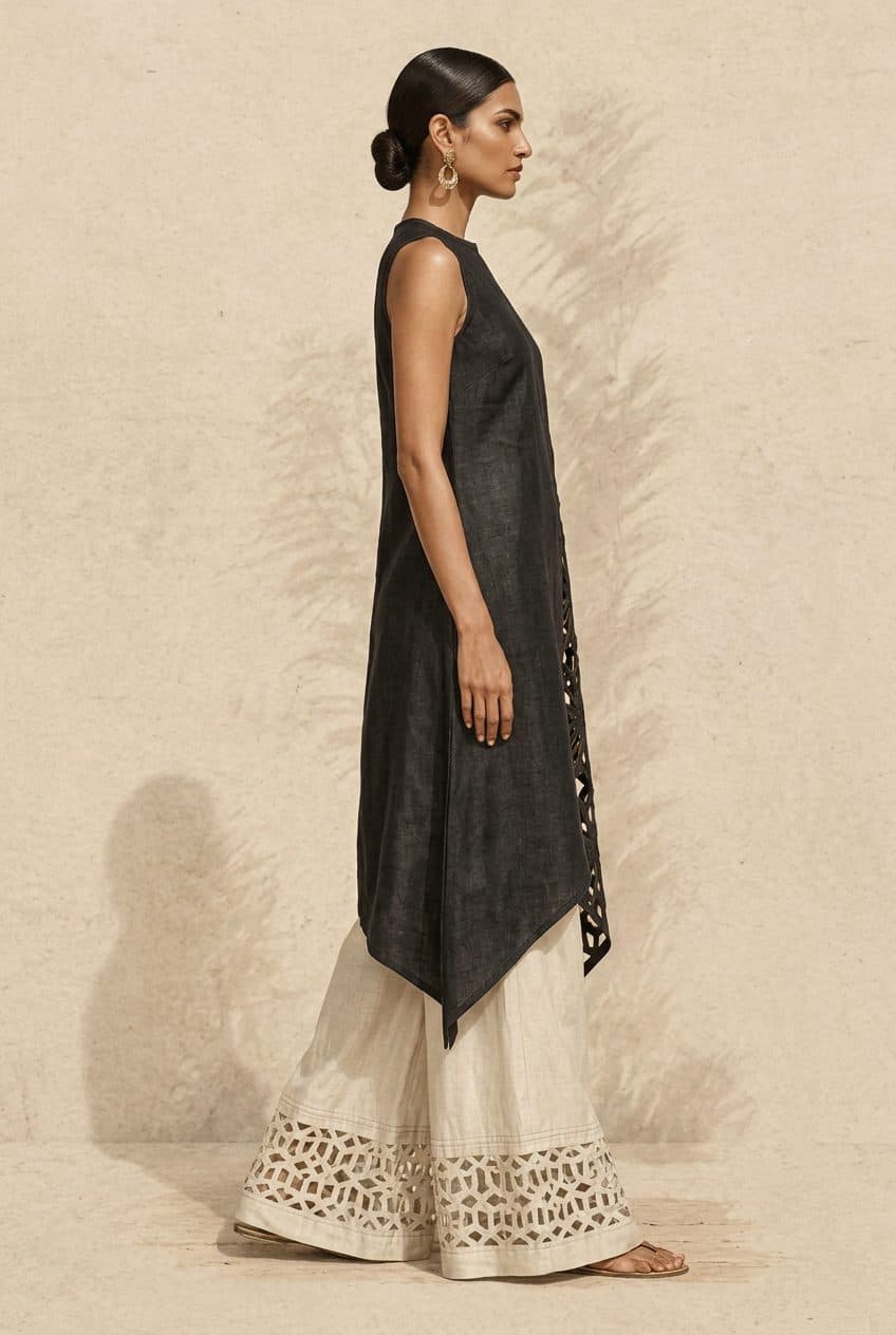 Asymmetric Tunic and Monumental Palazzo Pants Co-ord in Washed Black, Bone White & Terracotta, worn