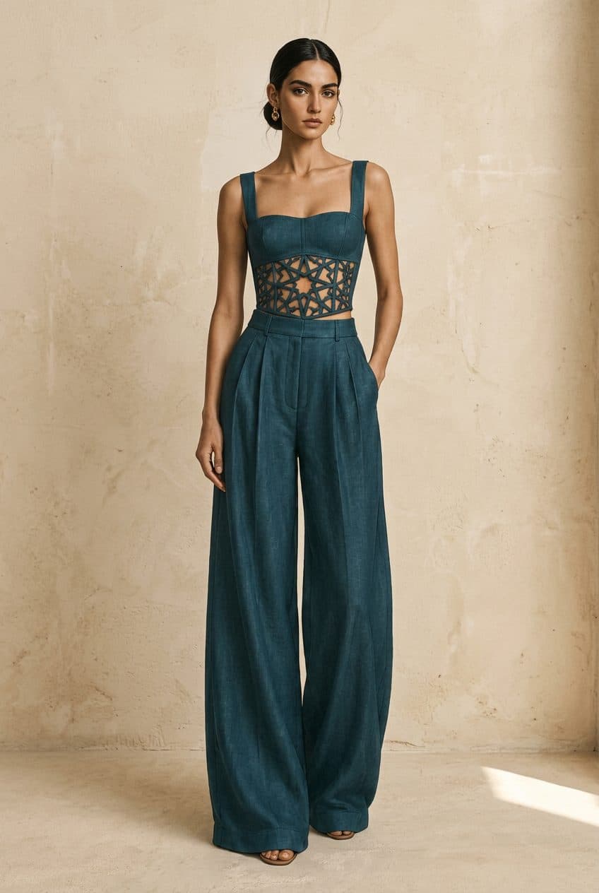 Architectural Corset Top and Pleated Wide-Leg Trousers Co-ord in Petroleum Teal, finished garment