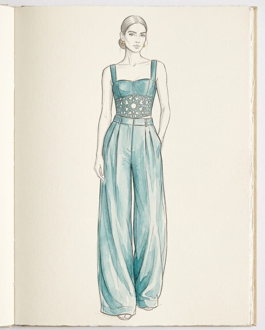 Architectural Corset Top and Pleated Wide-Leg Trousers Co-ord — original design sketch