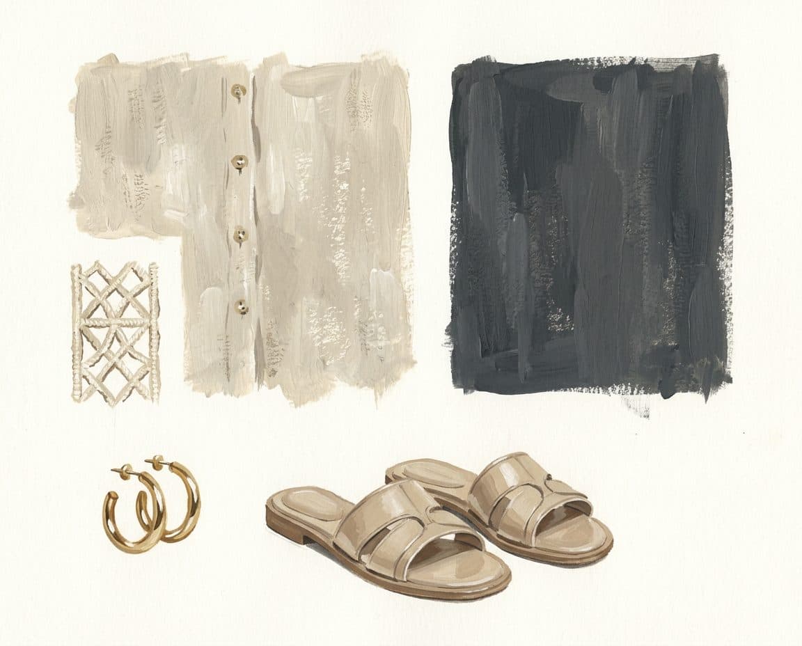Fabric, colour and trim palette for Oversized Safari Blouse and Slit-Ankle Fluid Pants Co-ord
