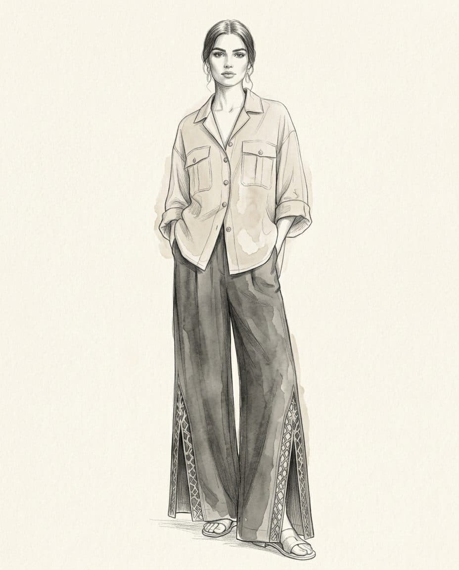 Oversized Safari Blouse and Slit-Ankle Fluid Pants Co-ord — original design sketch