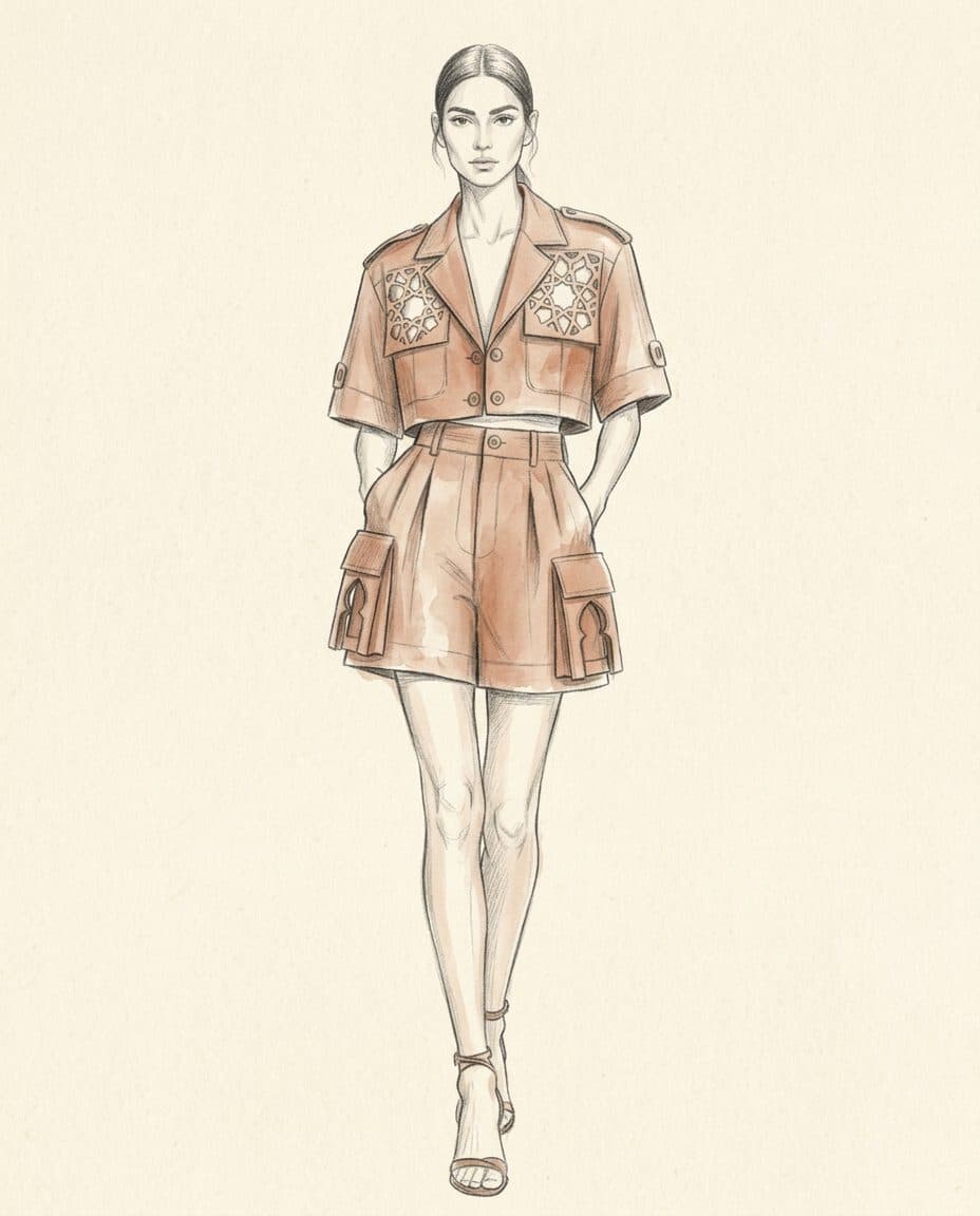 Sculptural Safari Cropped Jacket and Cargo Shorts Co-ord — original design sketch