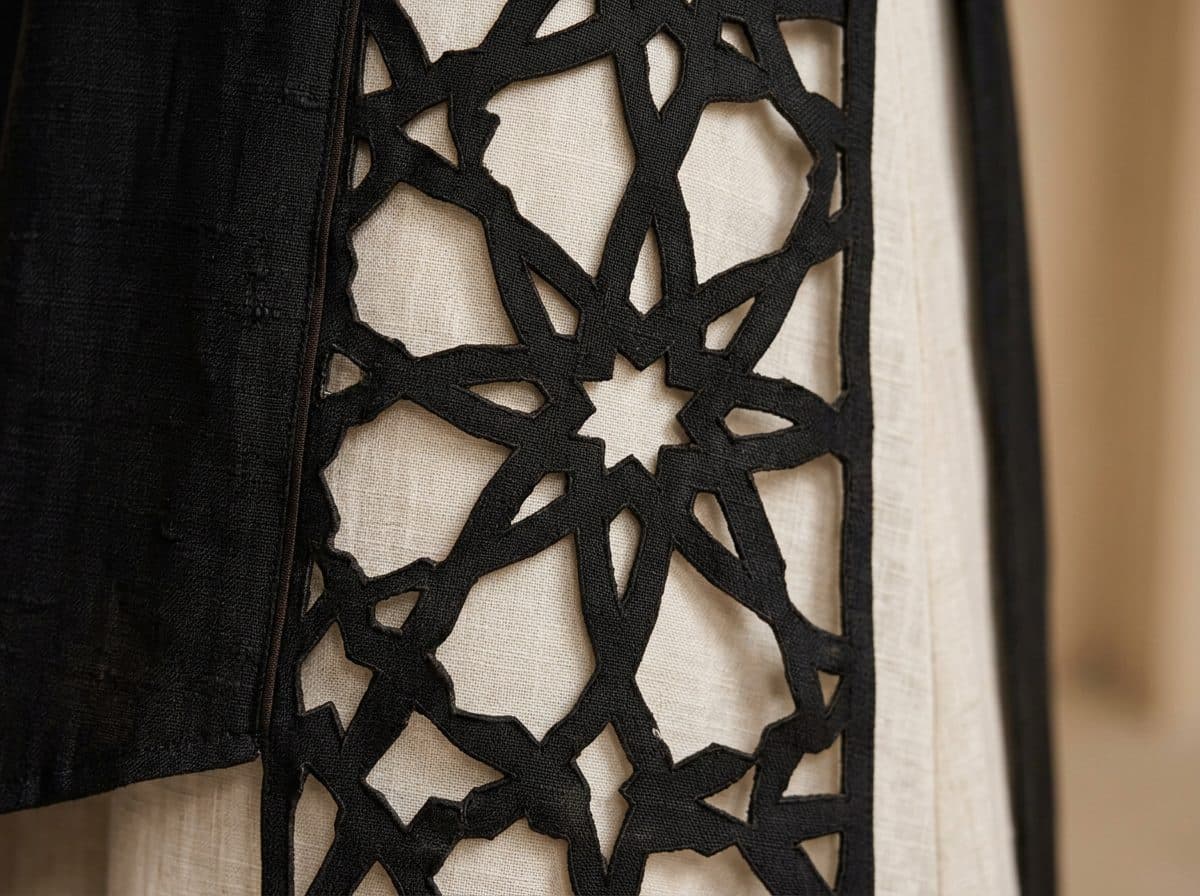 Detail of the cloth and cutwork used for One-Shoulder Draped Tunic and Fluid Linen Palazzos Co-ord