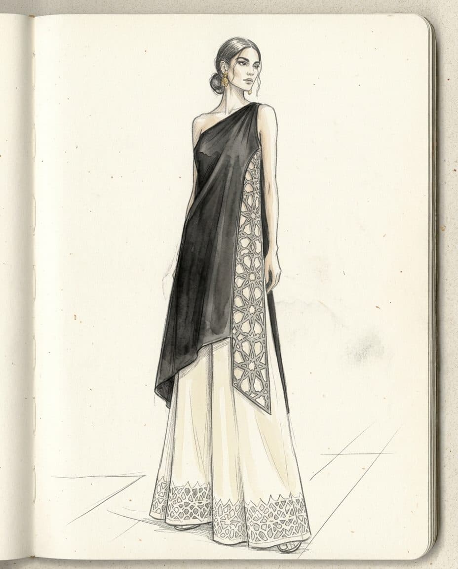 One-Shoulder Draped Tunic and Fluid Linen Palazzos Co-ord — original design sketch