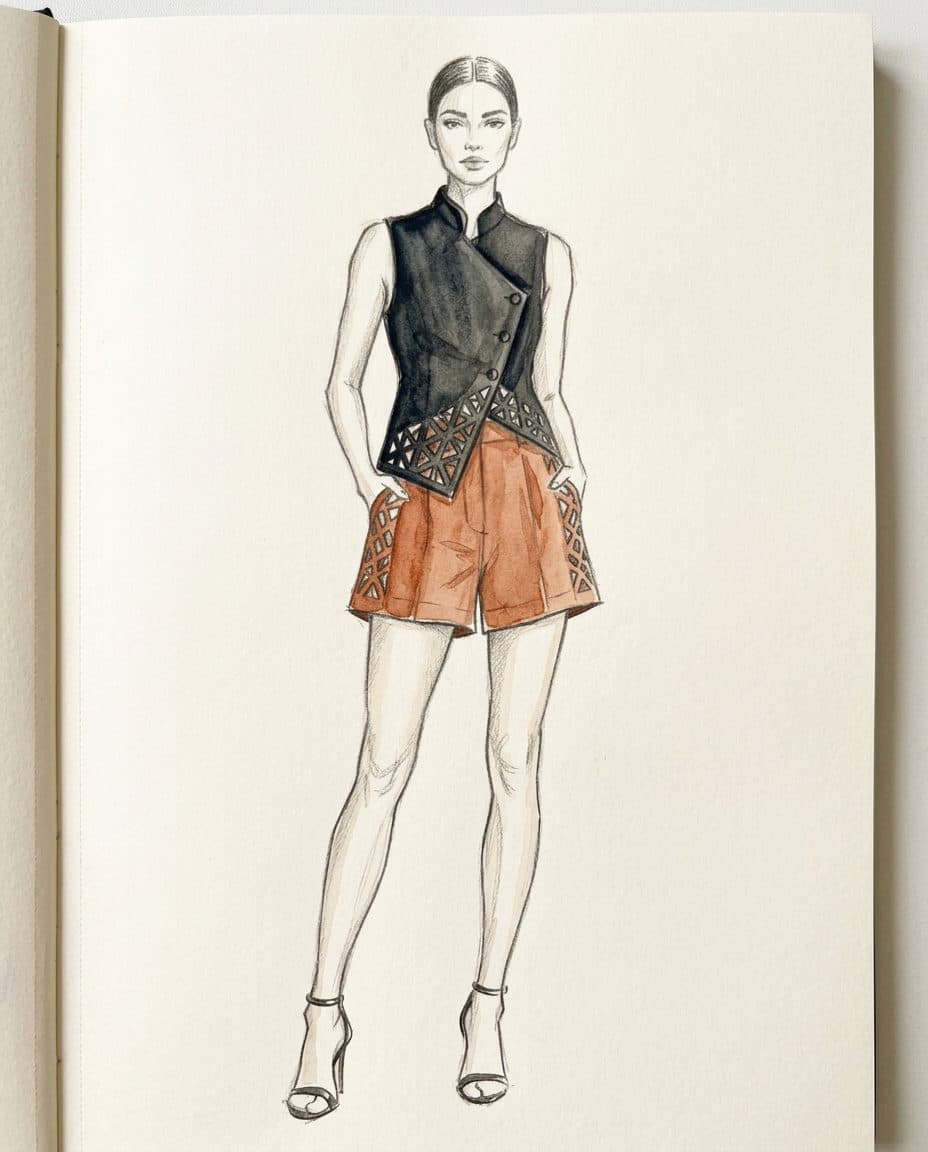 Architectural Asymmetric Waistcoat & Tailored Shorts Co-ord — original design sketch