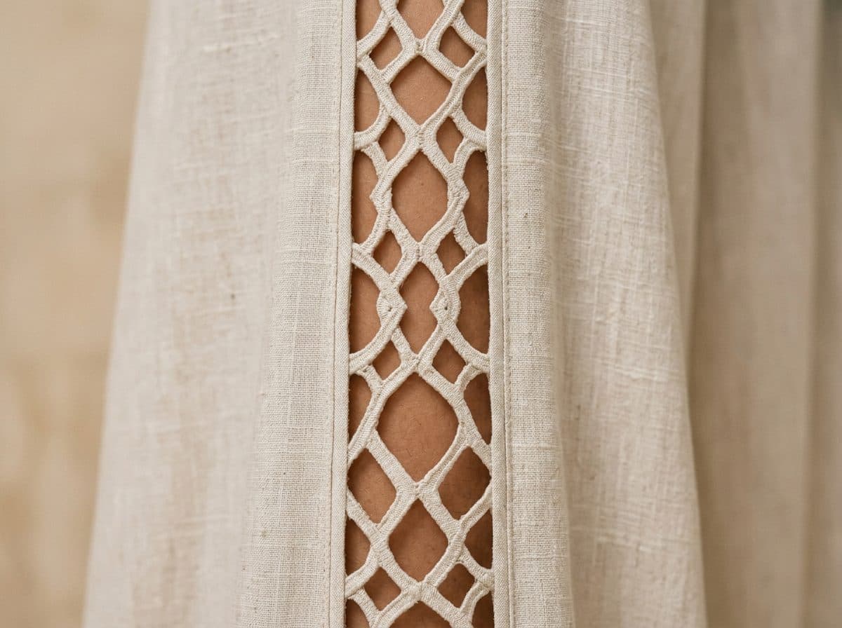 Detail of the cloth and cutwork used for Draped Waterfall Wrap Blouse & Tiered Palazzo Co-ord