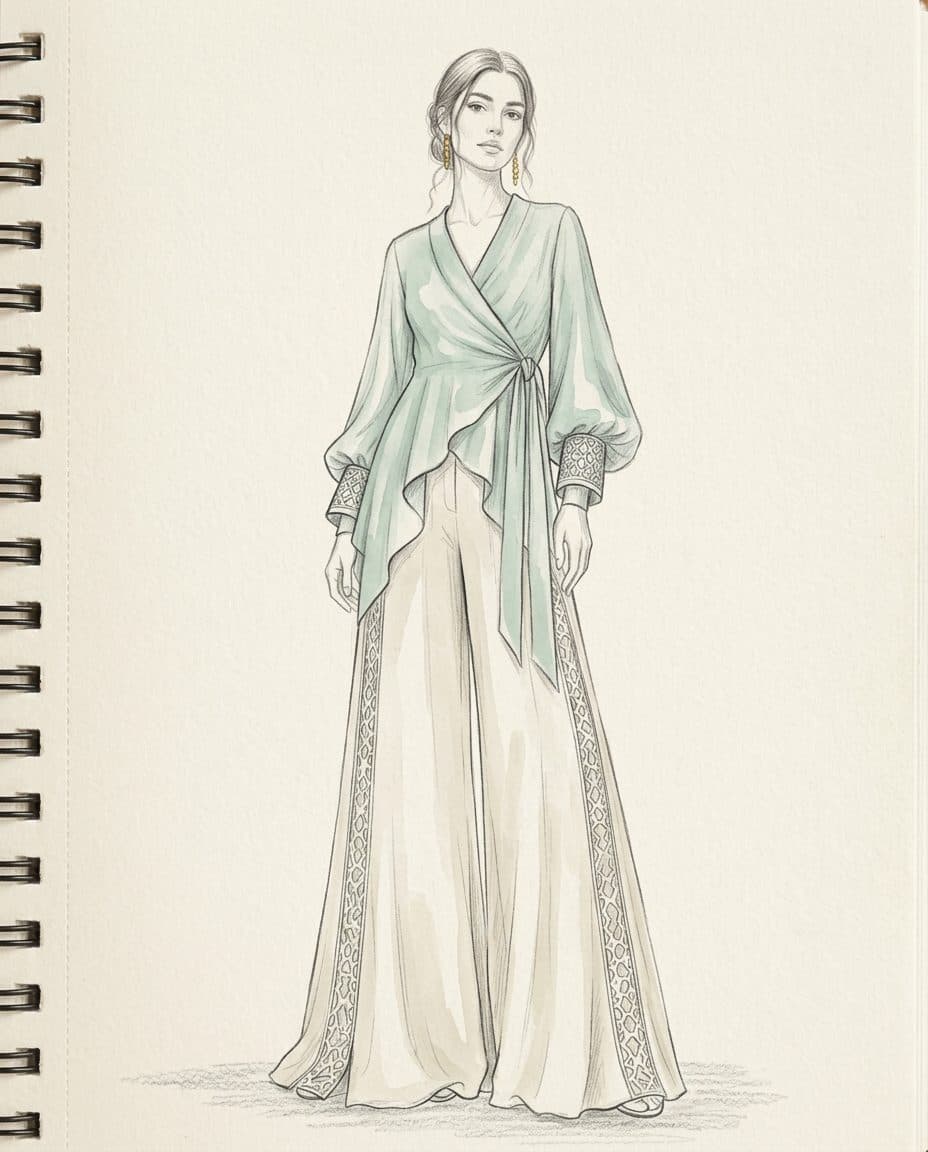 Draped Waterfall Wrap Blouse & Tiered Palazzo Co-ord — original design sketch