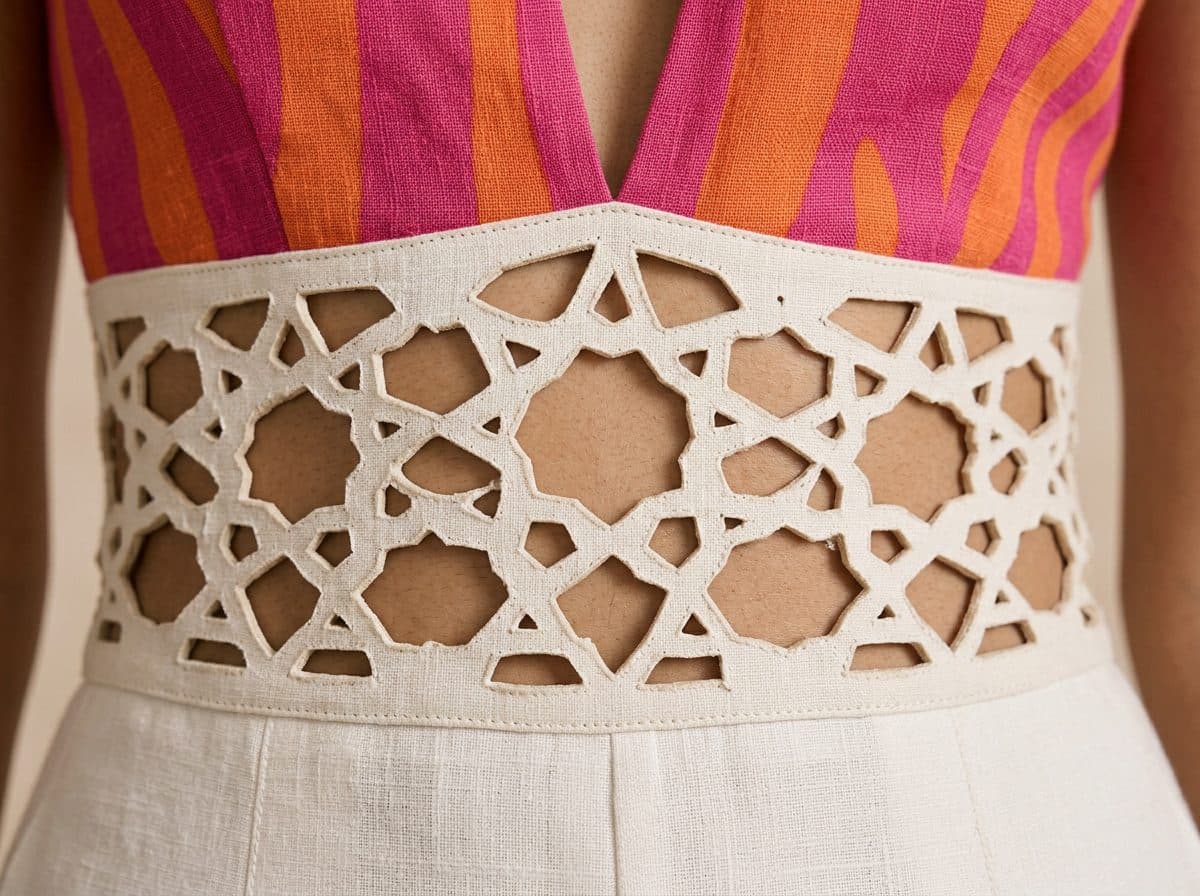 Detail of the cloth and cutwork used for Striped Panel Lasercut Jumpsuit