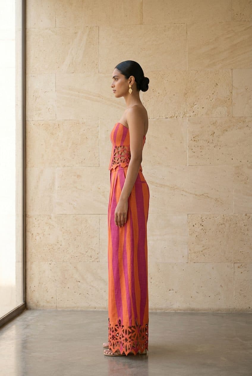 Striped Corset Top & Palazzo Co-ord in Magenta & Orange Stripe, worn