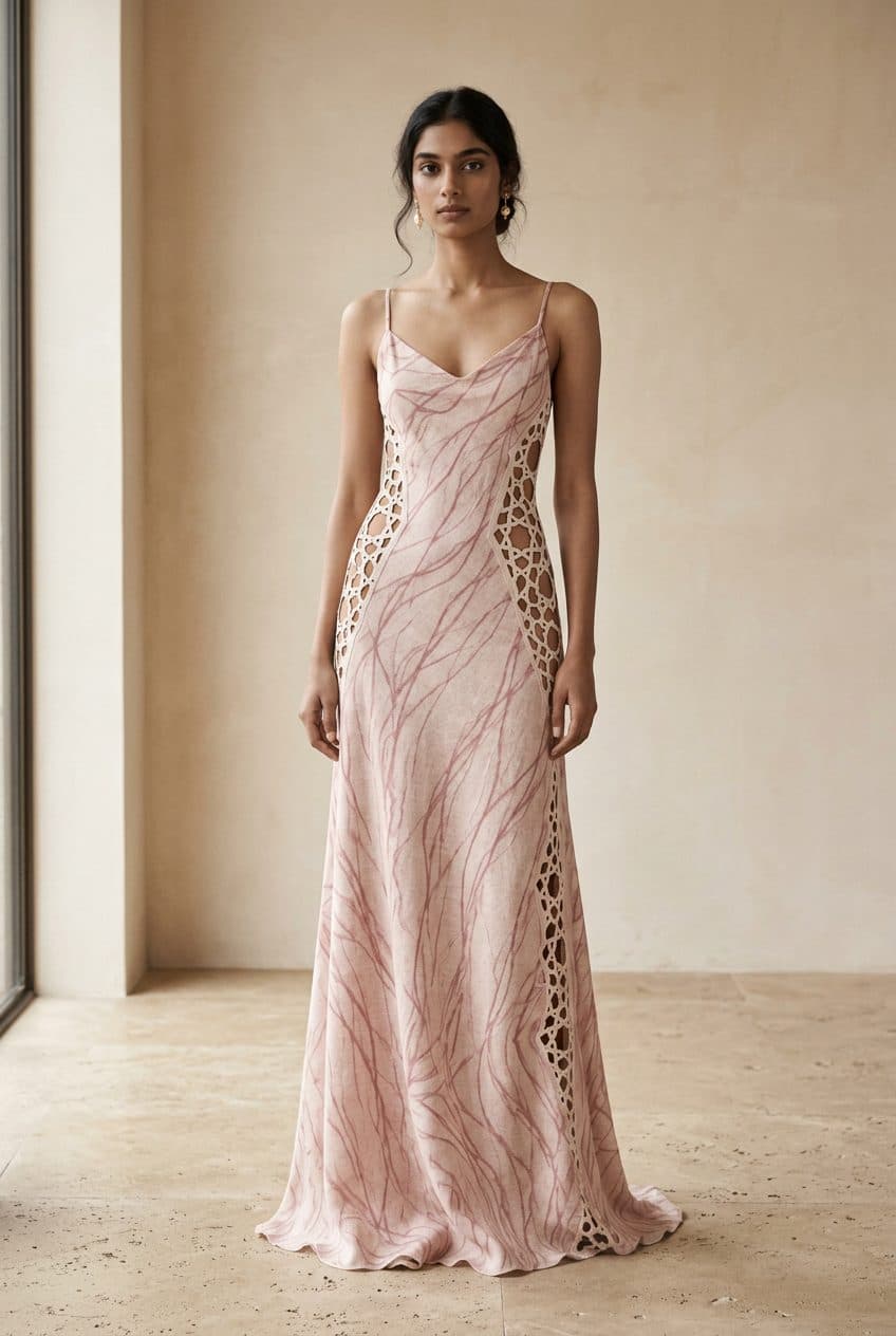 Rose Line-Print Lasercut Slip Gown in Rose, finished garment