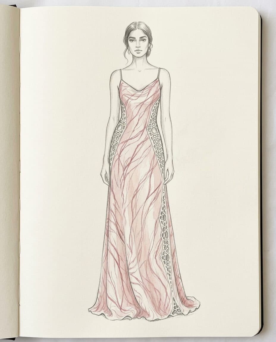 Rose Line-Print Lasercut Slip Gown — original design sketch
