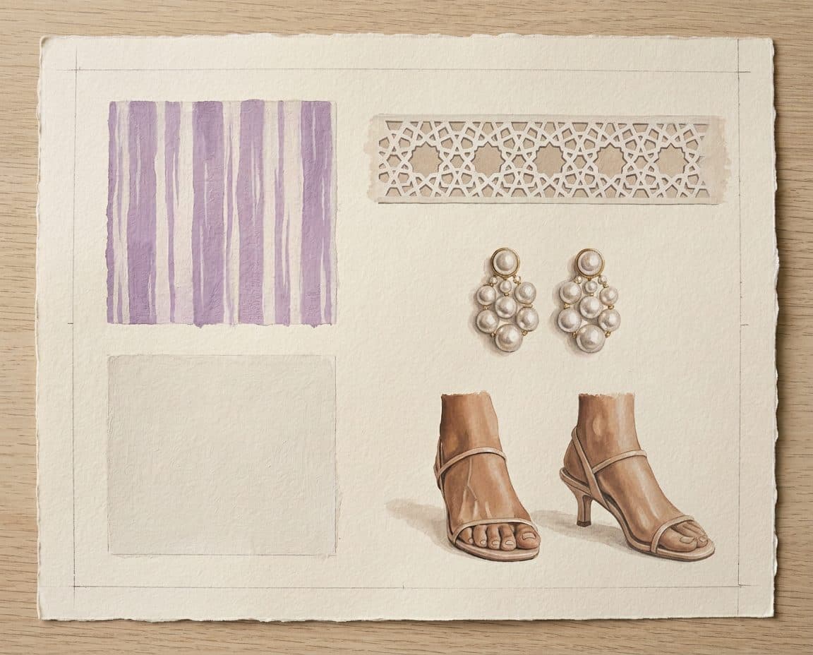 Fabric, colour and trim palette for Lilac Stripe Oversized Blazer & Wide Palazzo Suit