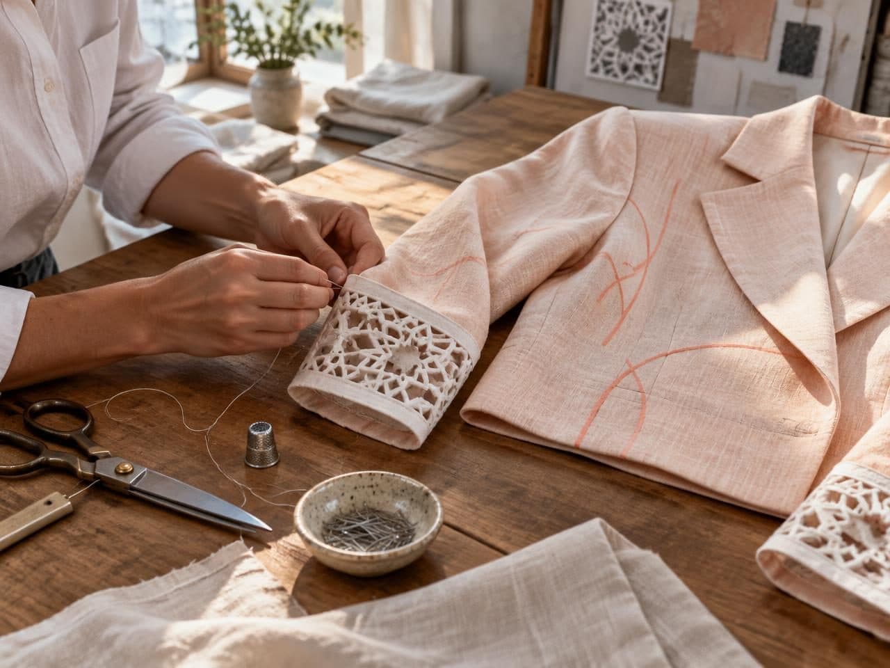 Peach Line-Print Cropped Blazer & Slit Skirt Co-ord — in the making, construction and finishing