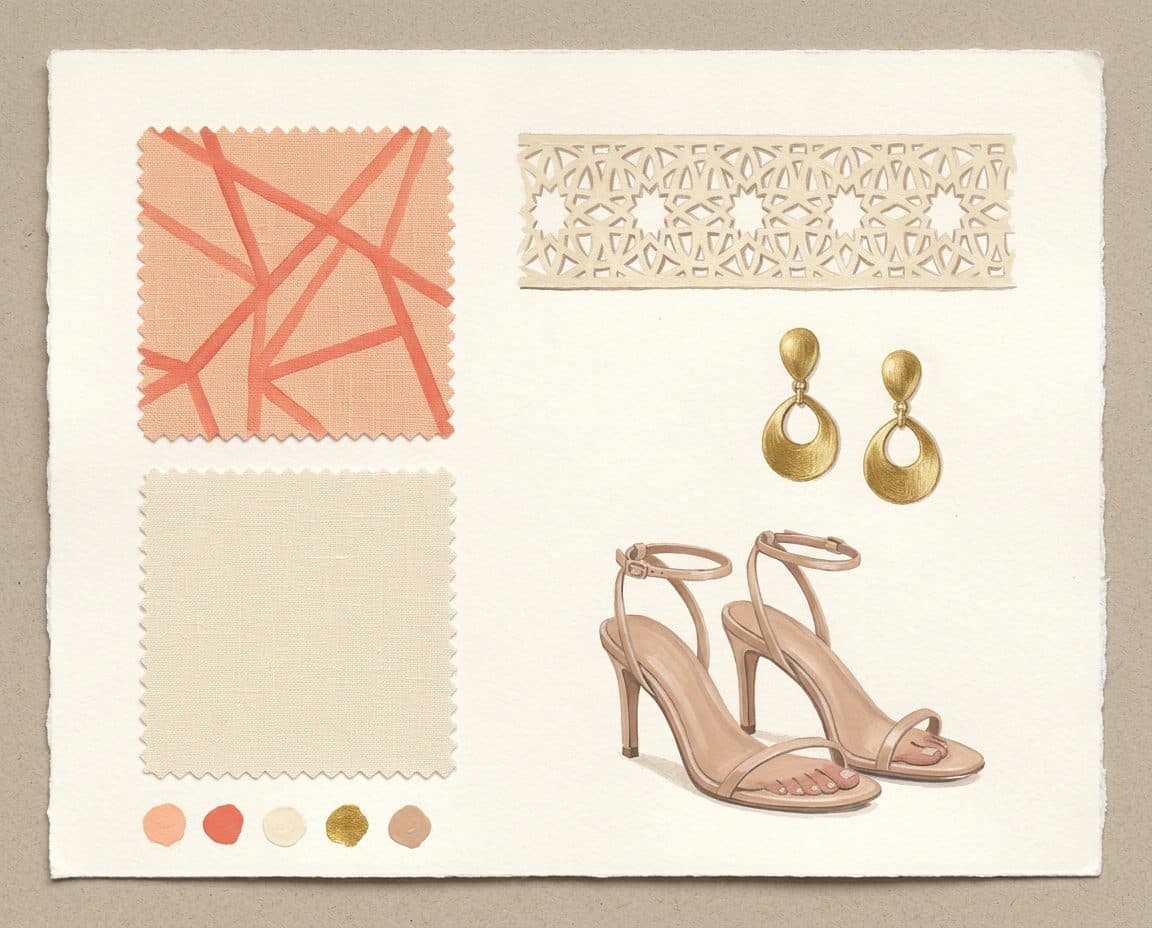 Fabric, colour and trim palette for Peach Line-Print Cropped Blazer & Slit Skirt Co-ord