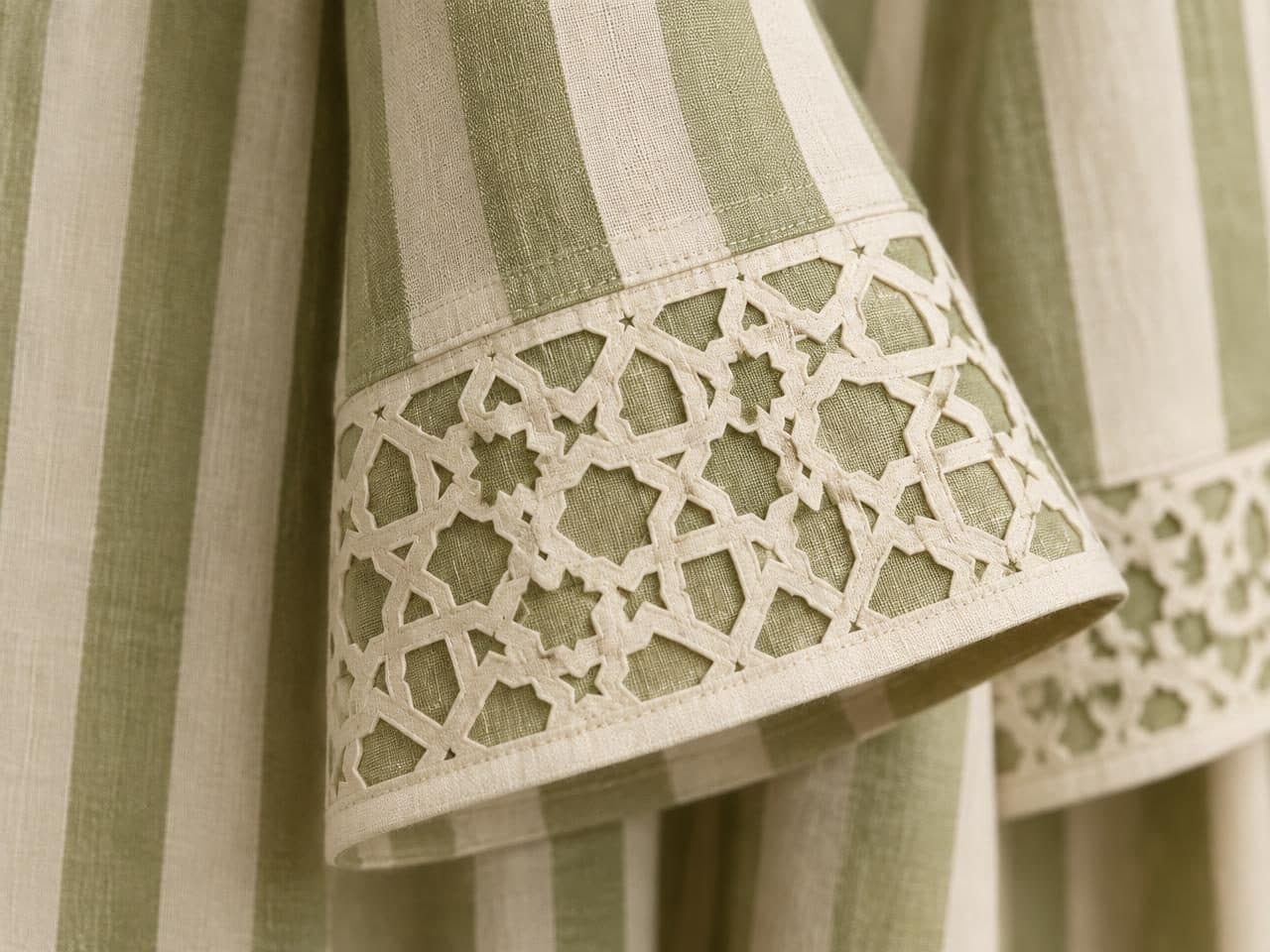 Detail of the cloth and cutwork used for Pistachio Stripe Cape-Sleeve Blazer & Palazzo Co-ord