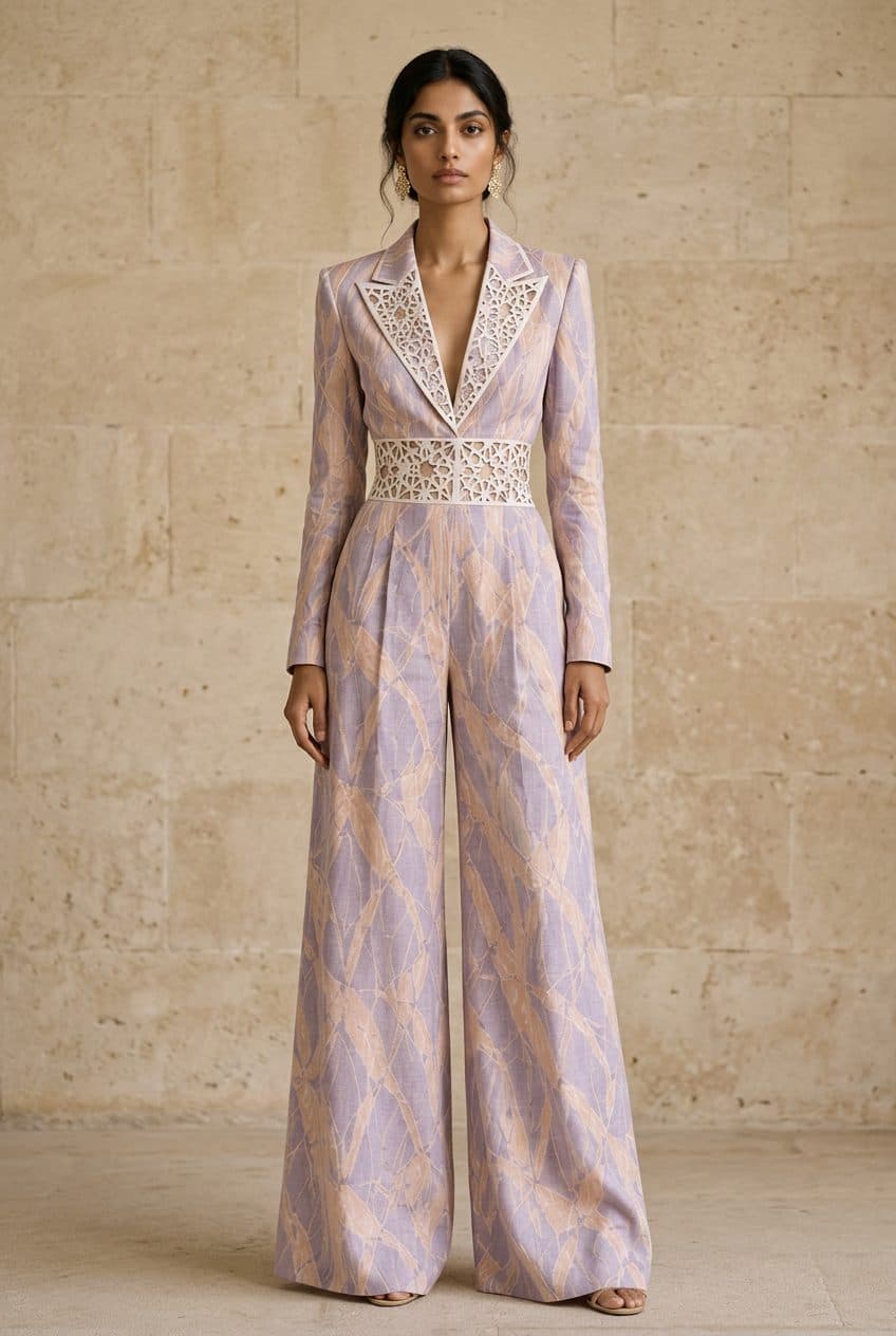 Lavender Line-Print Tuxedo Blazer Jumpsuit in Lavender, finished garment