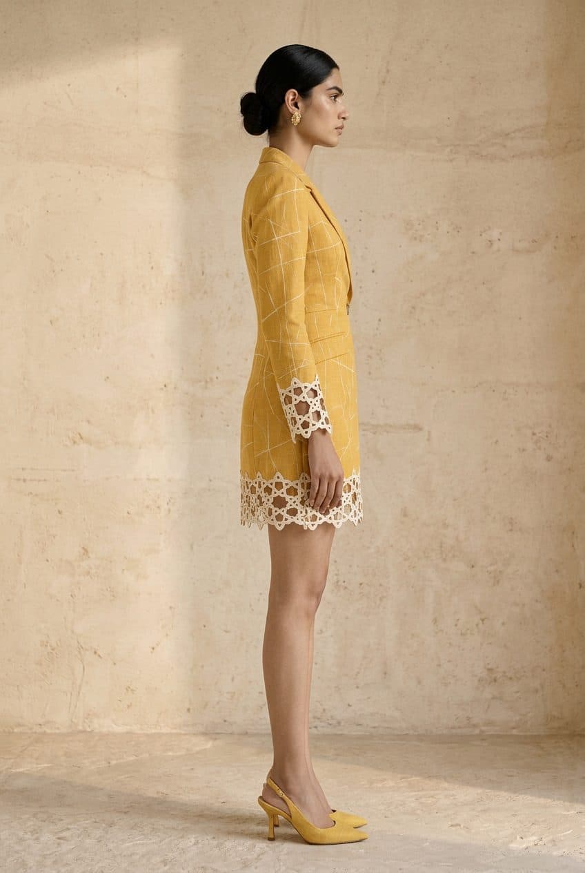 Marigold Line-Print Blazer Dress in Marigold, worn