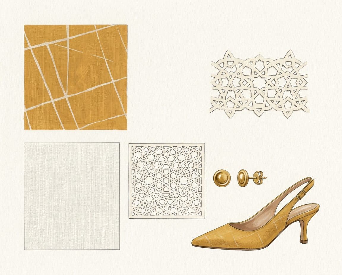 Fabric, colour and trim palette for Marigold Line-Print Blazer Dress